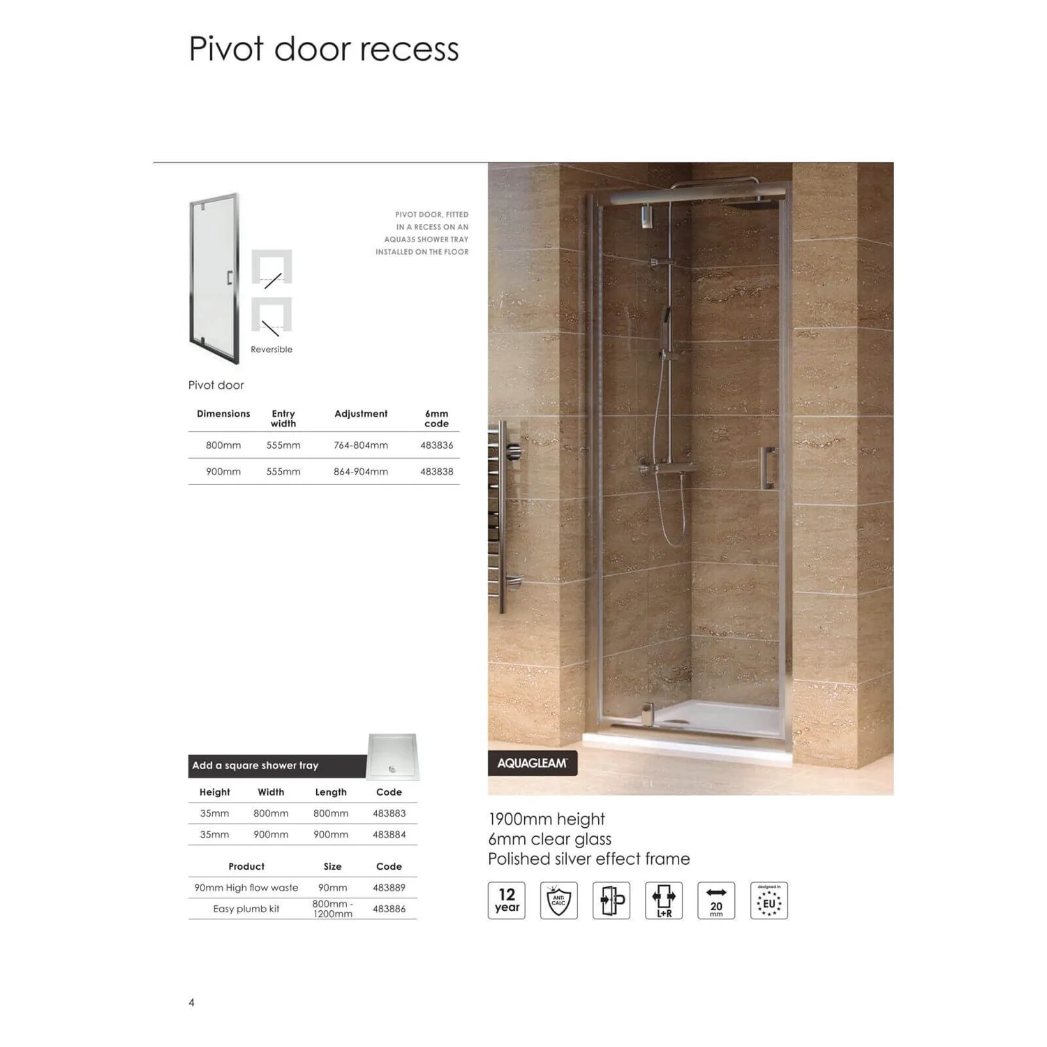 Aqualux Pivot Shower Door - 800mm - Image 6
