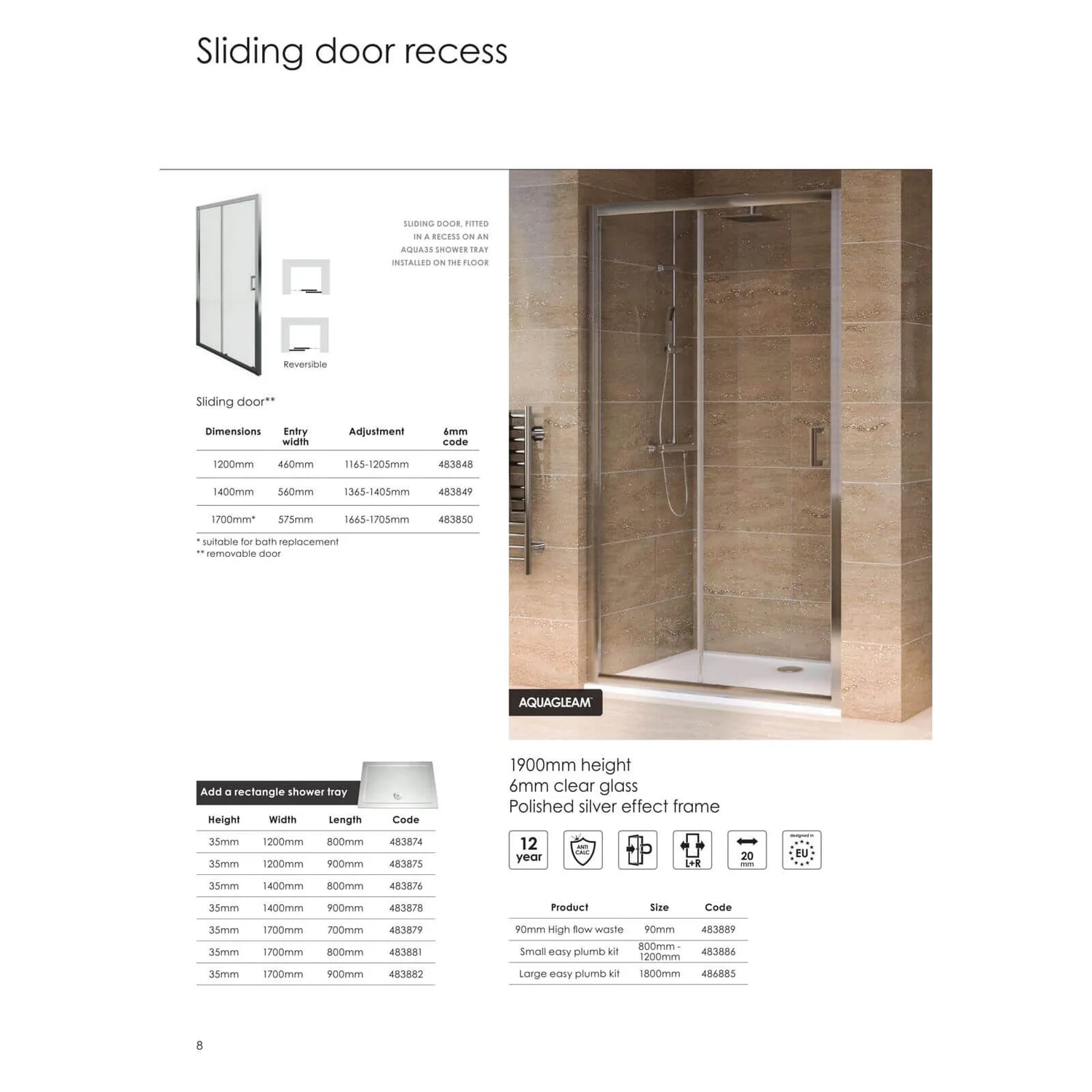 Aqualux Sliding Shower Door - 1700mm - Image 2