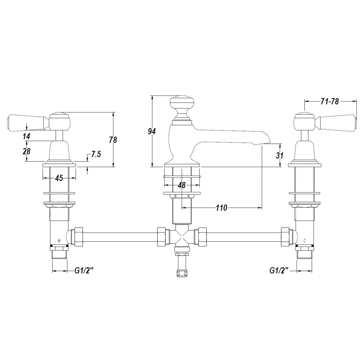 Balterley Dome Lever 3 Tap Hole Basin Tap Waste - Image 2