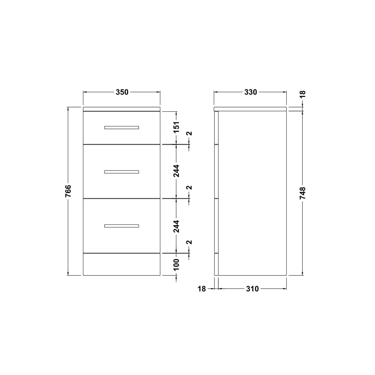 Balterley Orbit 350x330mm 3 Drawer Unit - Gloss White - Image 2