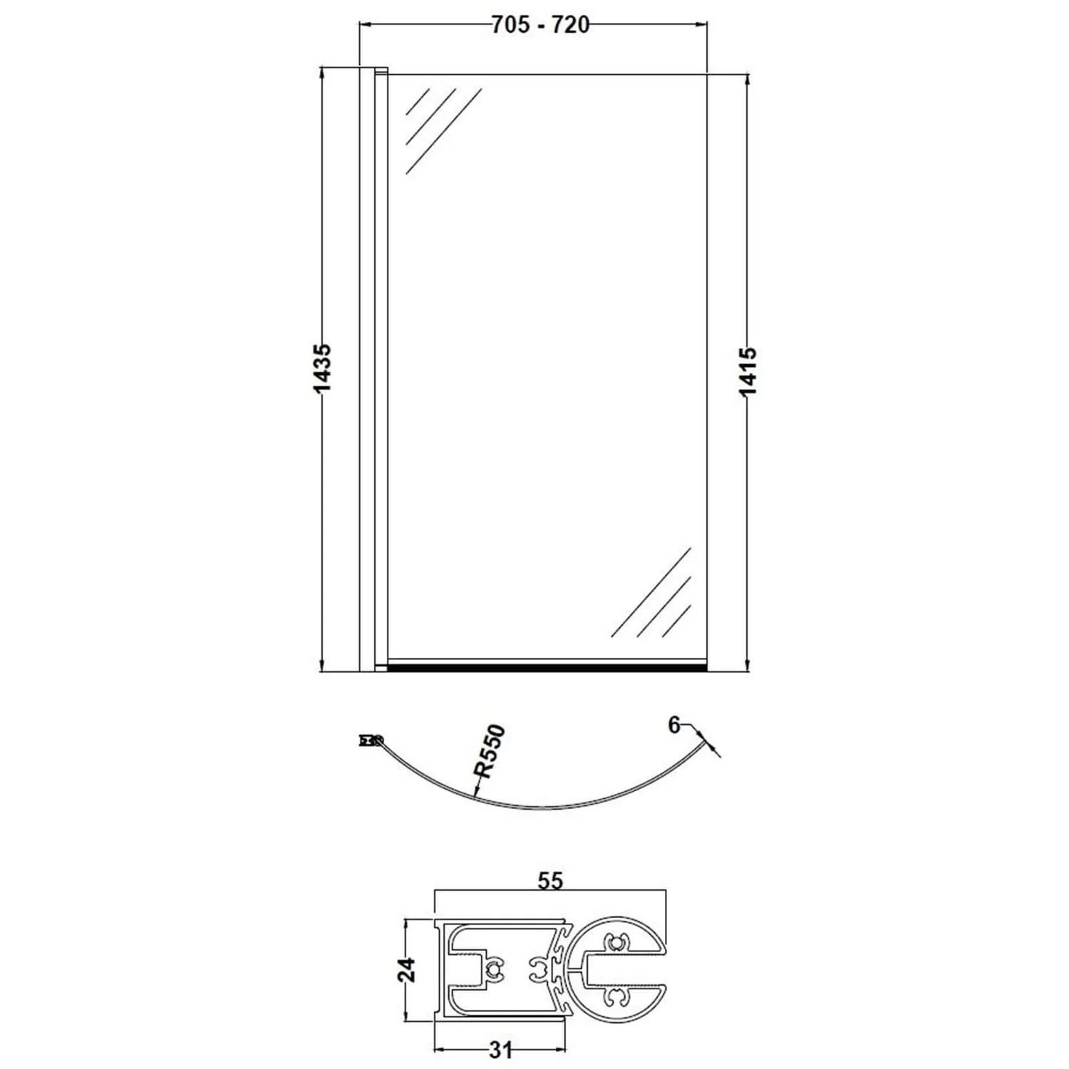 Balterley Curved P-Bath Screen - 6mm - Image 2