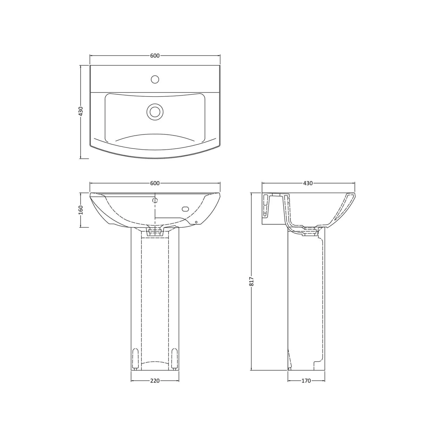 Balterley Destin 1 Tap Hole Basin And Full Pedestal - 600mm - Image 2