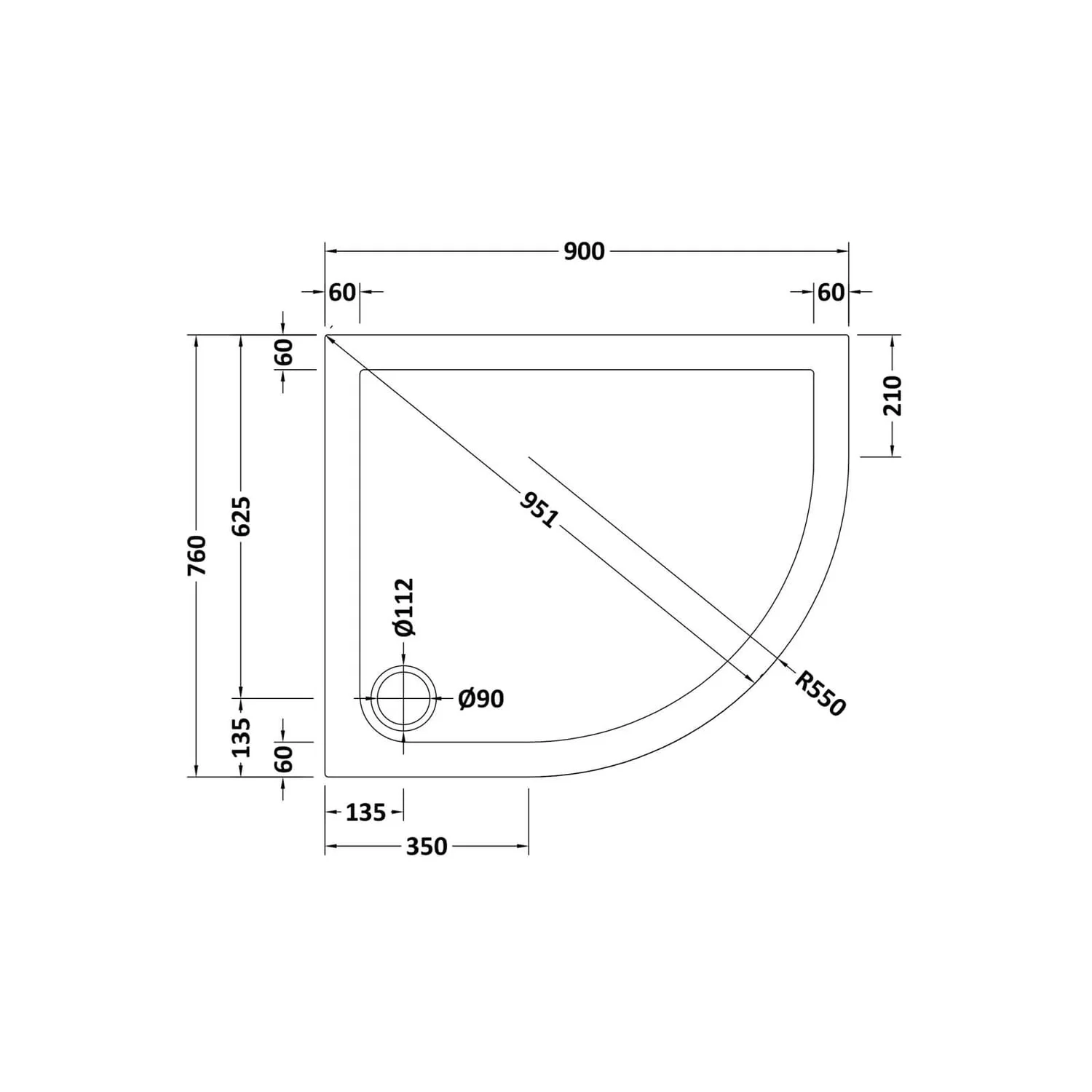 Balterley Right Hand Offset Quadrant Shower Tray - 900 X 760mm - Image 2