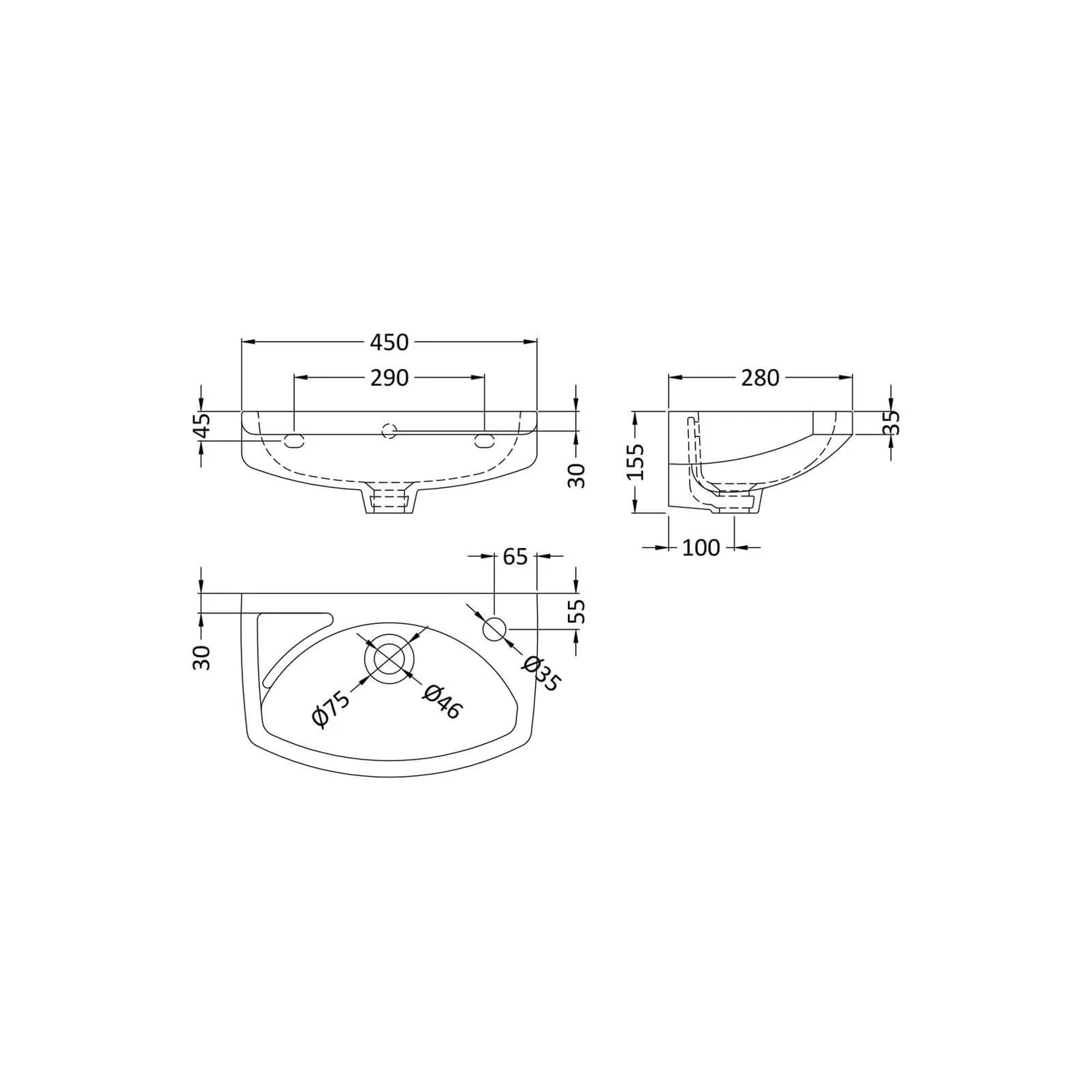 Balterley 1 Tap Hole Wall Hung Basin - 450mm - Image 2