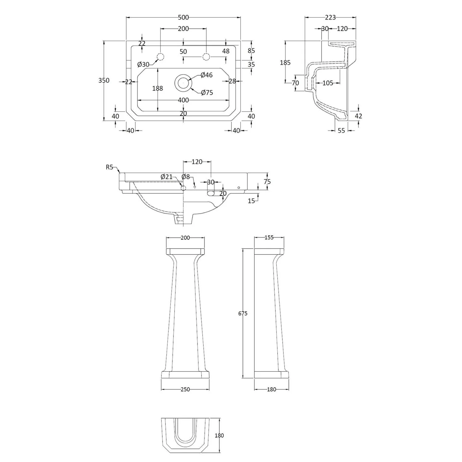 Balterley Harrington 2 Tap Hole Basin And Pedestal - 500mm - Image 2