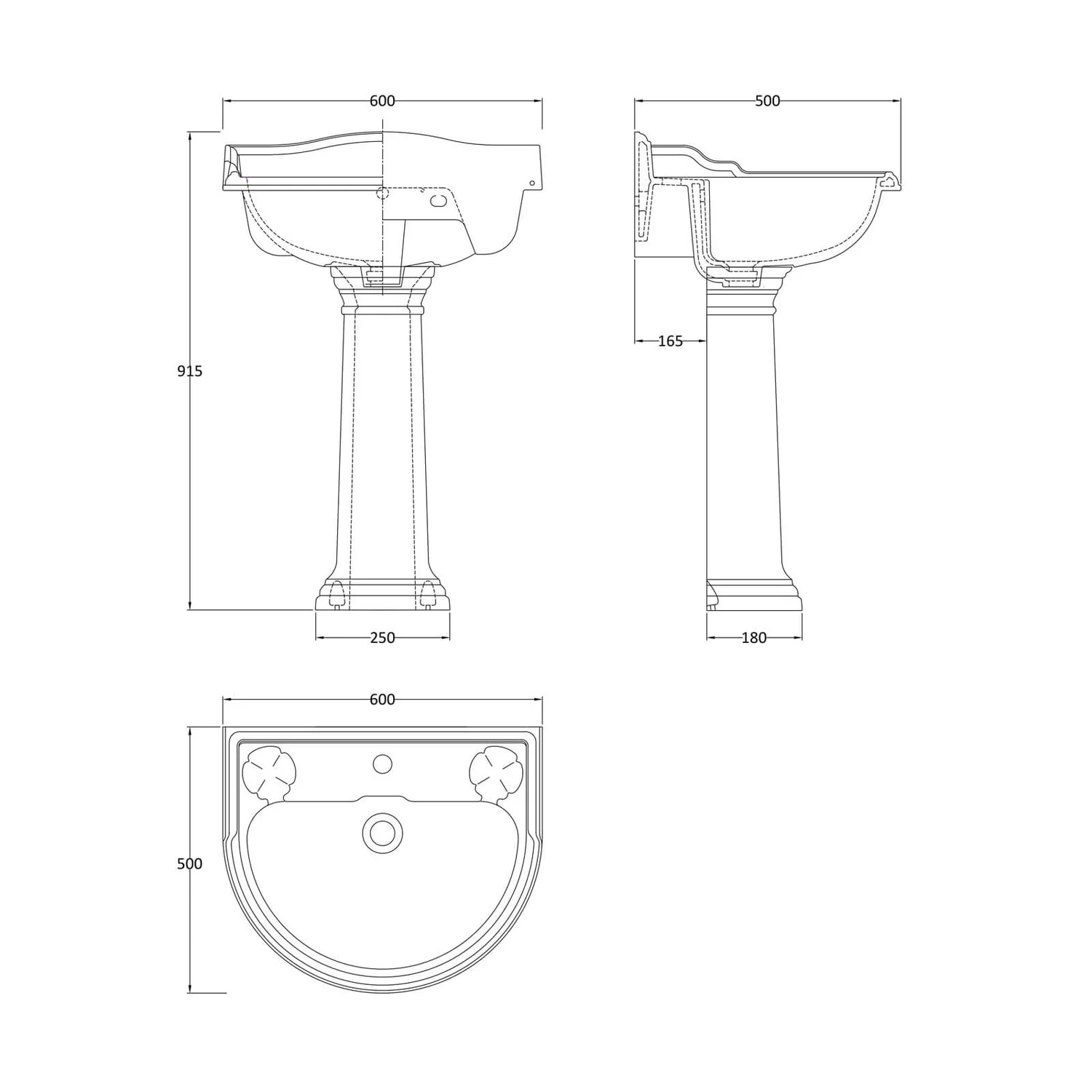 Balterley Harrington Round 1 Tap Hole Basin Pedestal - 600mm - Image 2