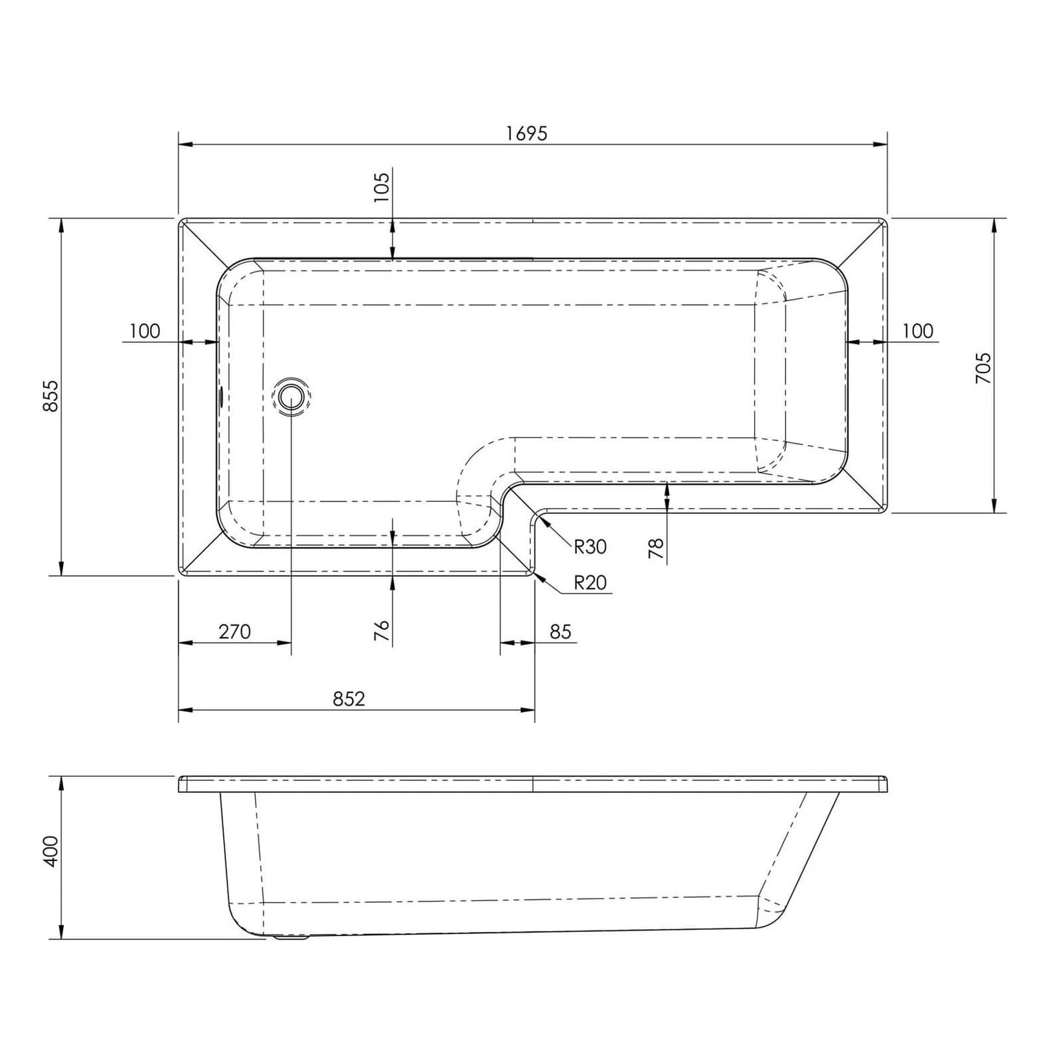 Balterley Left Hand Square Shower Bath - 1700mm - Image 2