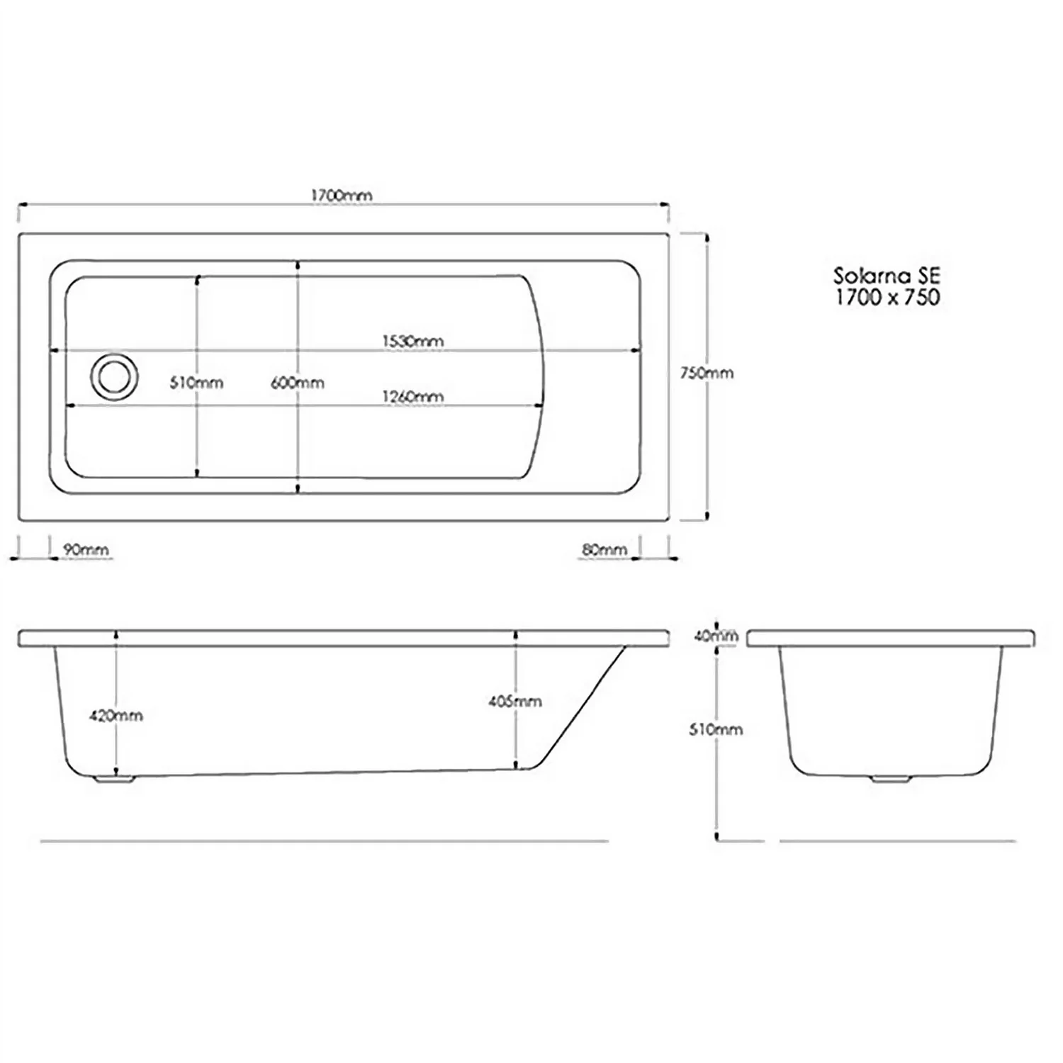 Bathstore Madeira Single Ended Straight Bath - 1700 X 750mm - Image 2