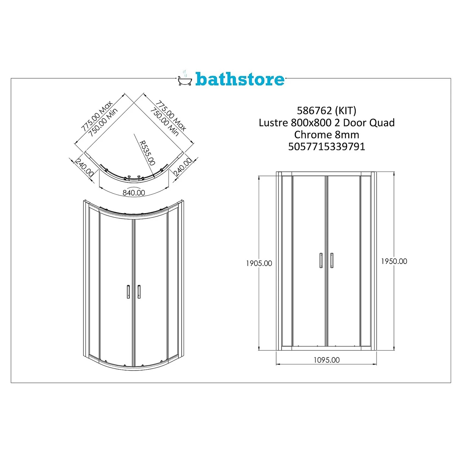 Bathstore Lustre 800mm Quadrant Shower Enclosure - Image 4