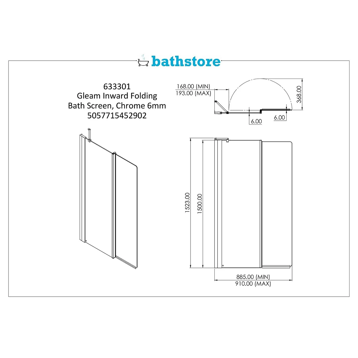 Bathstore Gleam Inward Folding Bath Screen - Image 5