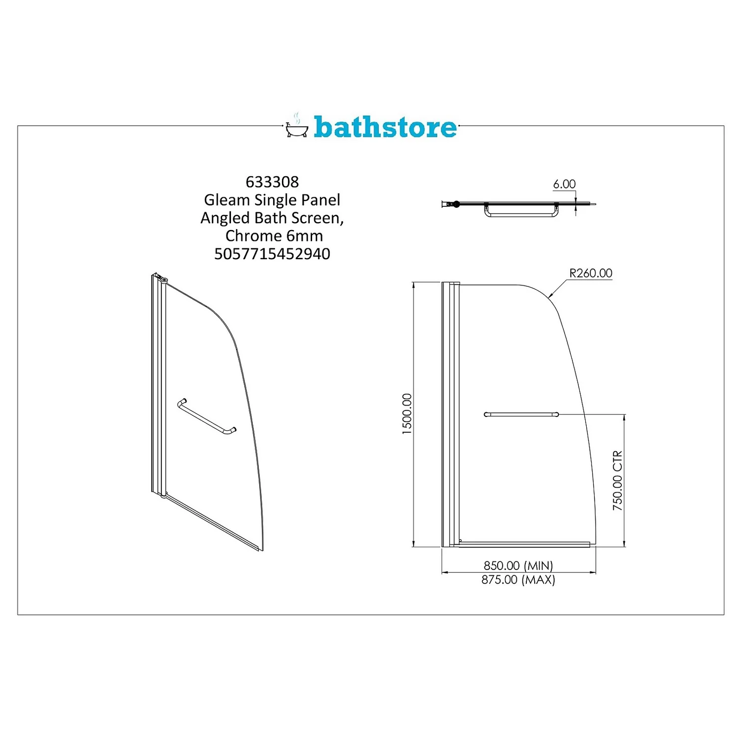 Bathstore Gleam Single Panel Angled Bath Screen - Image 5