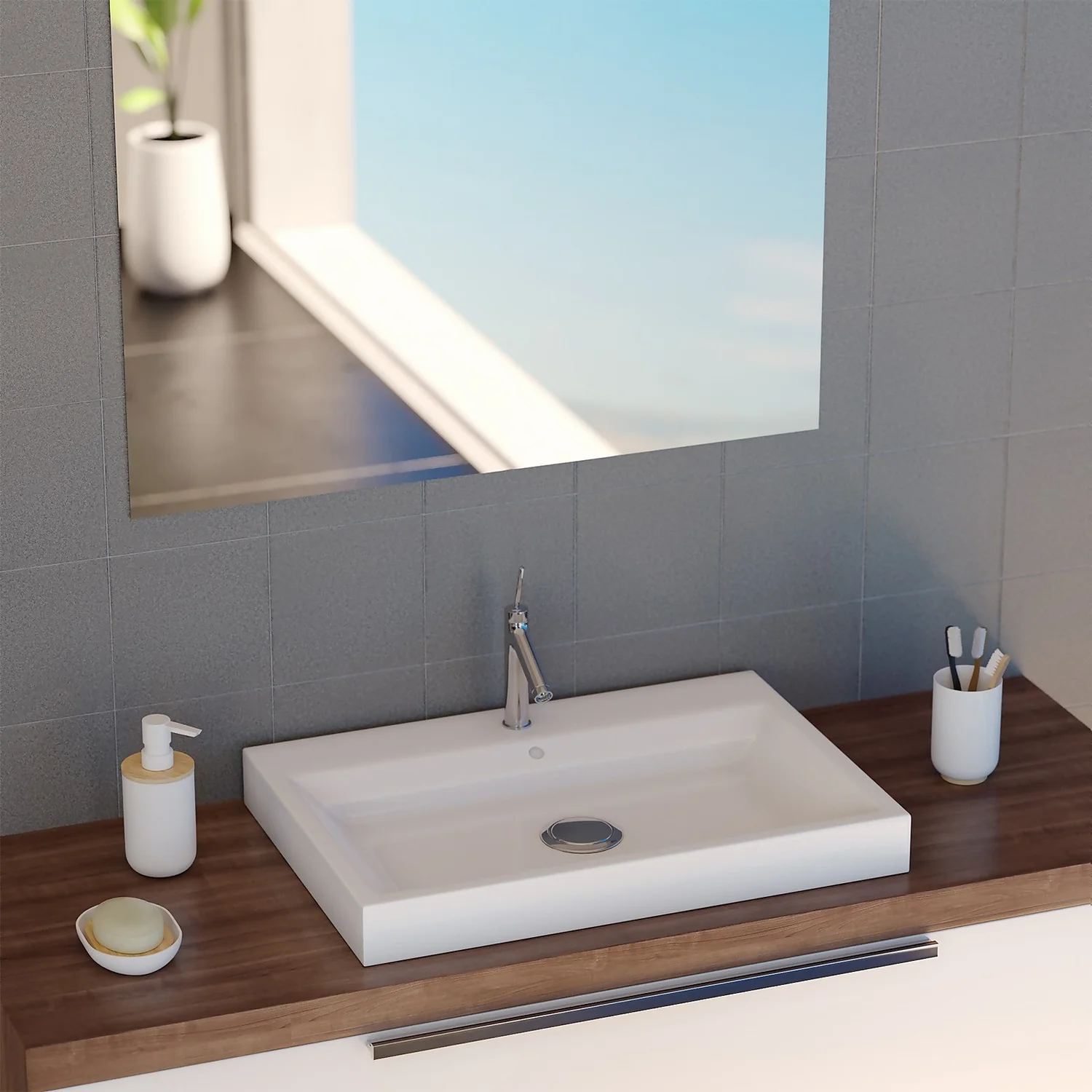 Homebase Toothbrush Holder - White & Bamboo - Image 2