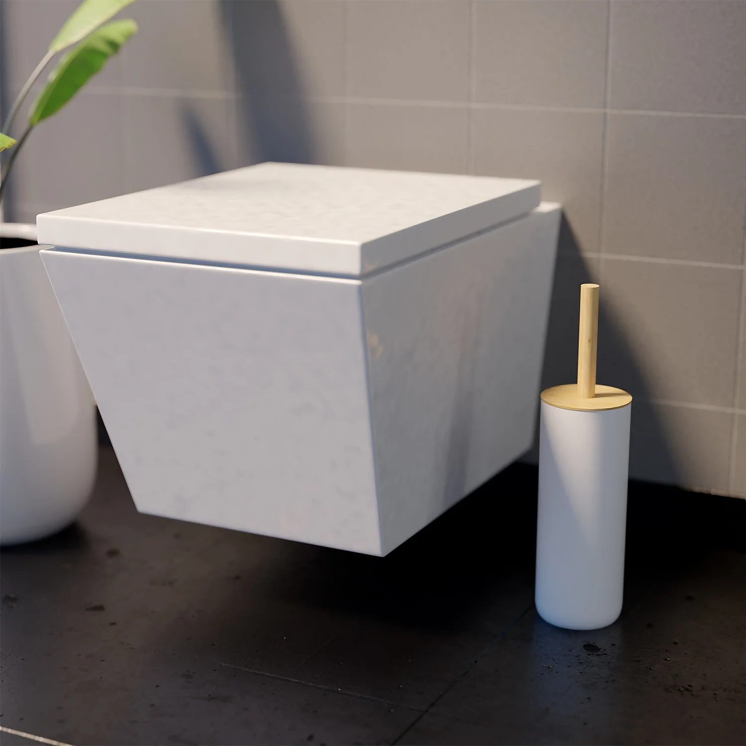 Homebase Toilet Brush And Holder - White & Bamboo - Image 2