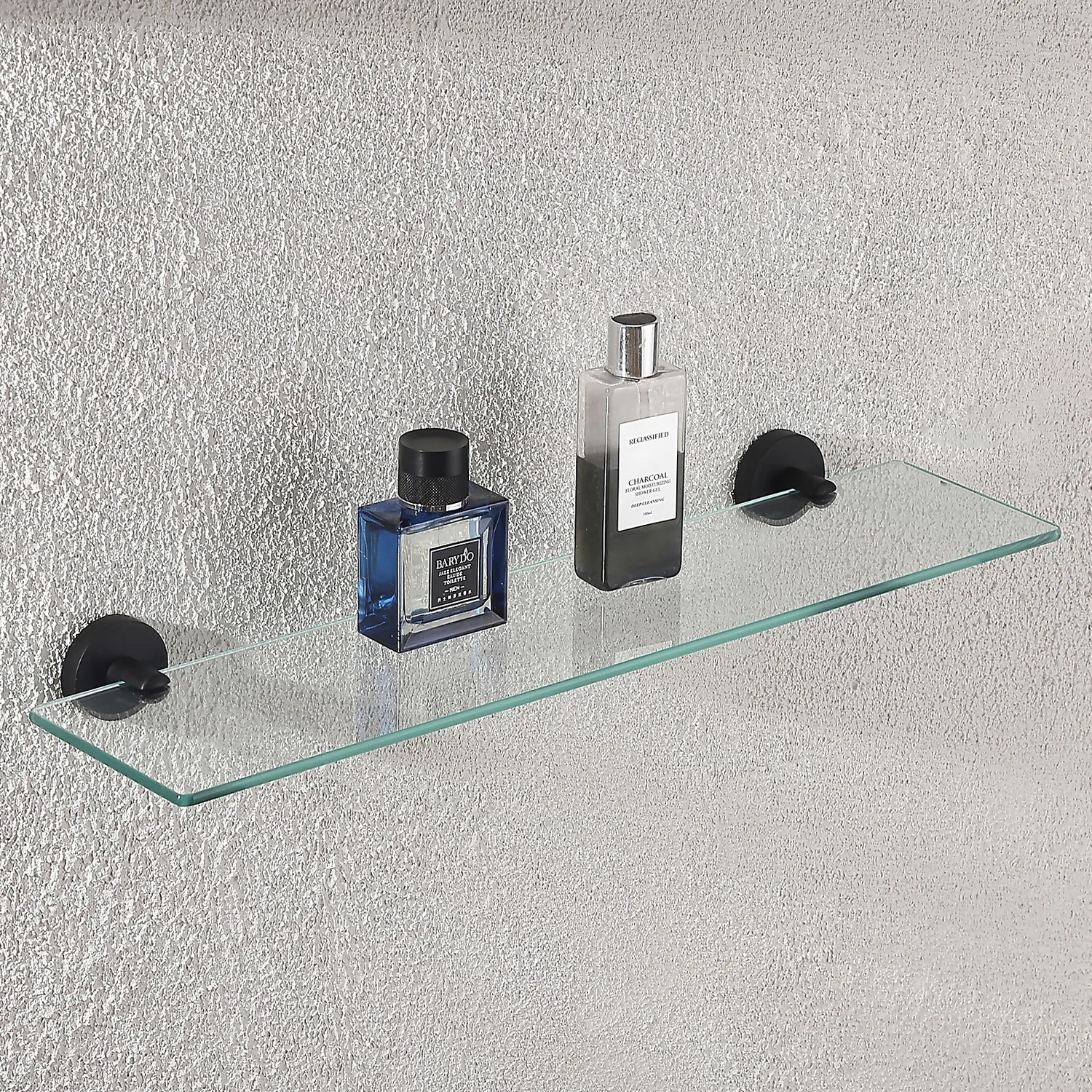 Glass Bathroom Shelf - Black Round Mounting Brackets - Image 2
