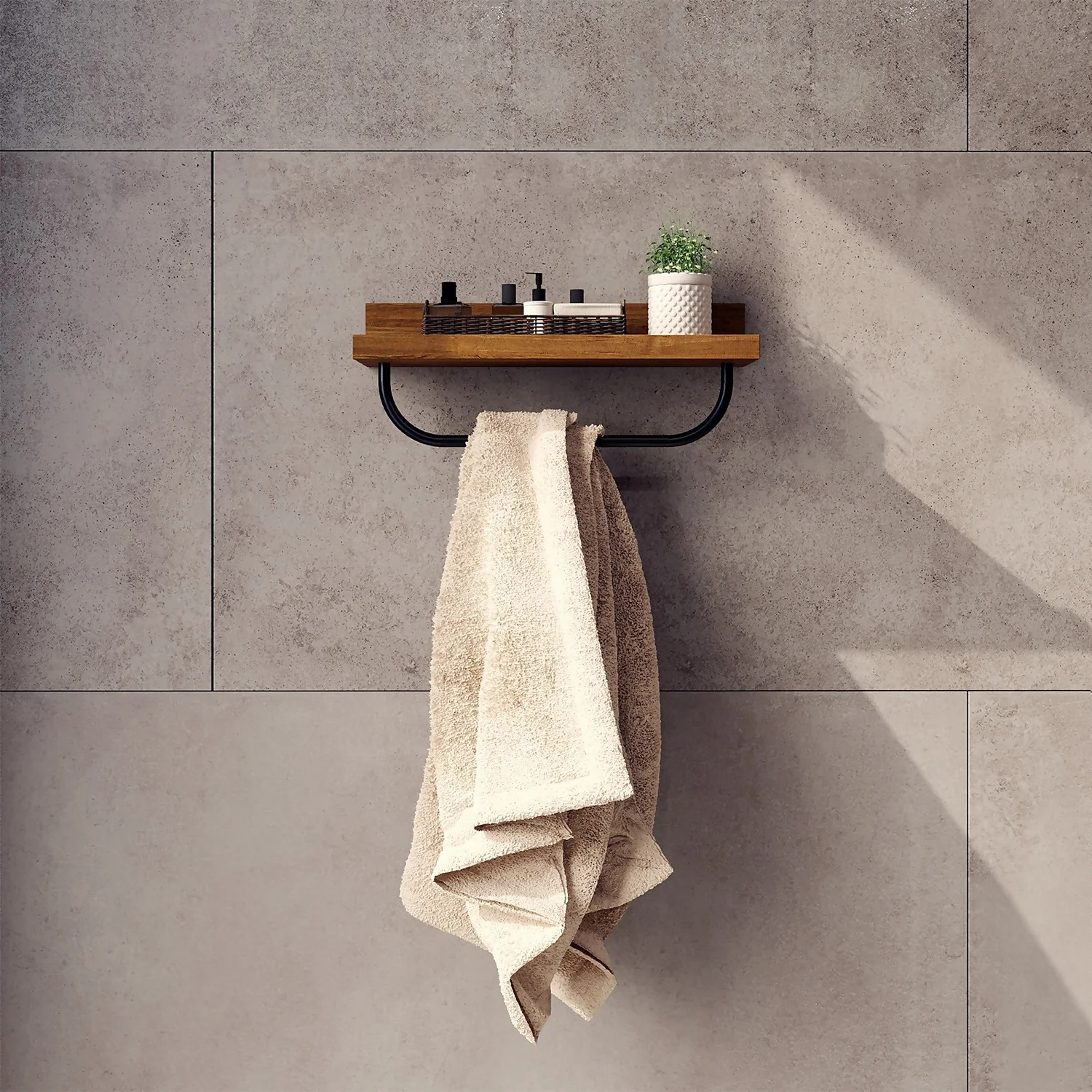 Bathroom Wall Shelf & Hanging Towel Rail - Mango Oak & Black - Image 2