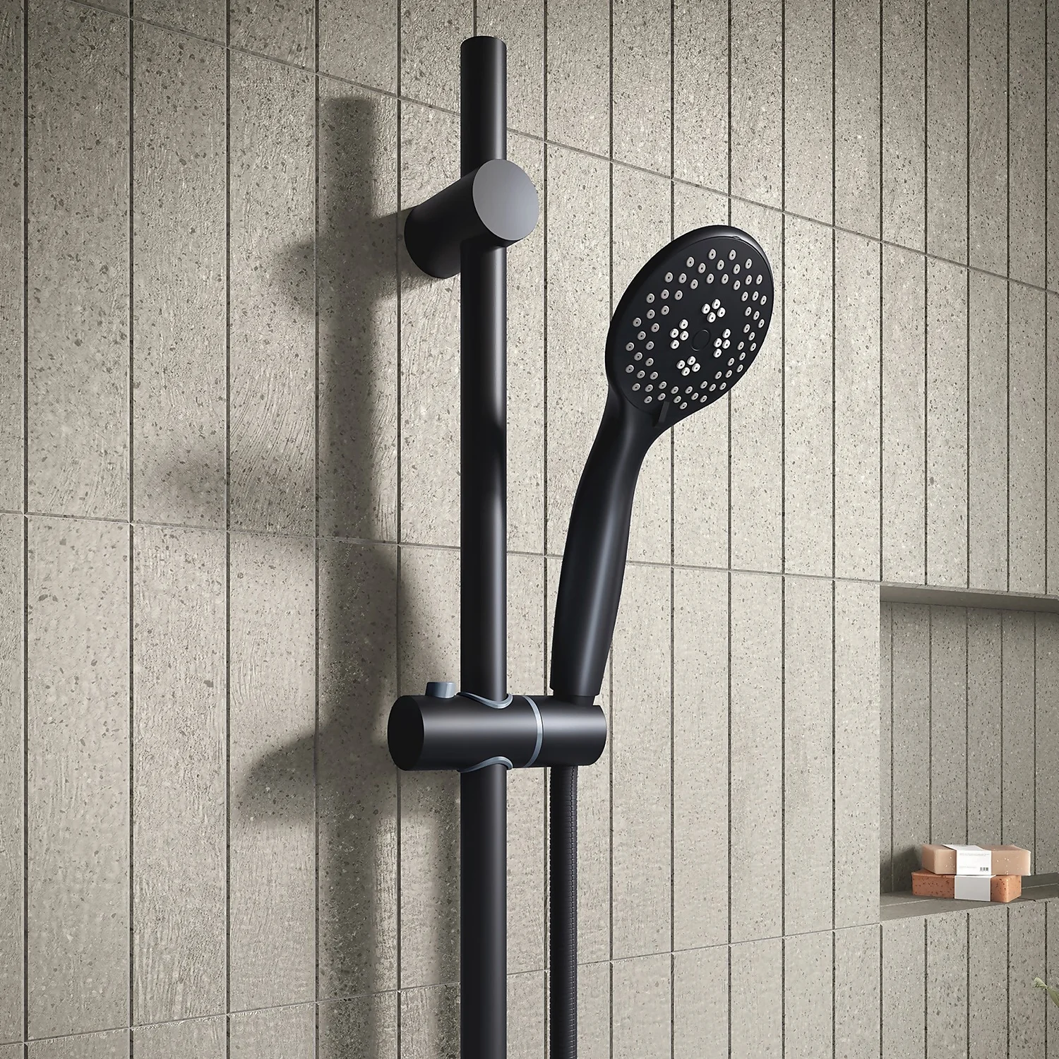 Aqualona Round Shower Handset Head, Riser Rail And Hose Kit - Black - Image 2