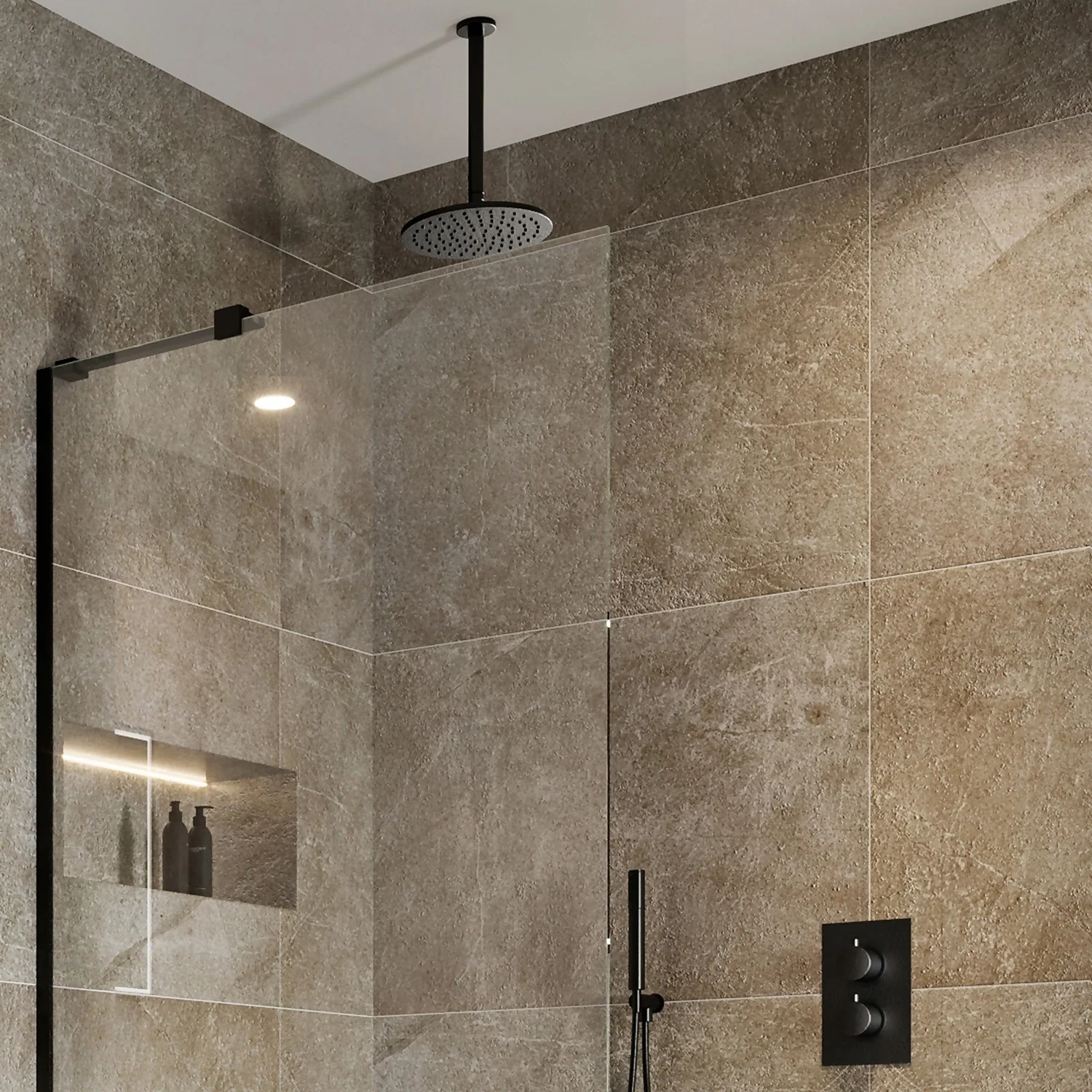 Bathstore Noir Matt Black 250mm Round Shower Head With Ceiling Arm - Image 2